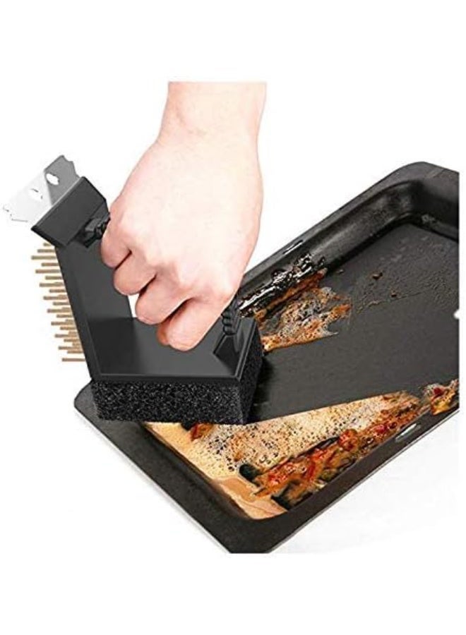 3 in 1 BBQ Cleaning Grill Brush Multipurpose Safe Steel Wire Barbecue Brush with Copper Wire Cleaning Bristles Included Scrub Pad Scraper Remover Scourer Kitchen Cleaning Tool - Image 2